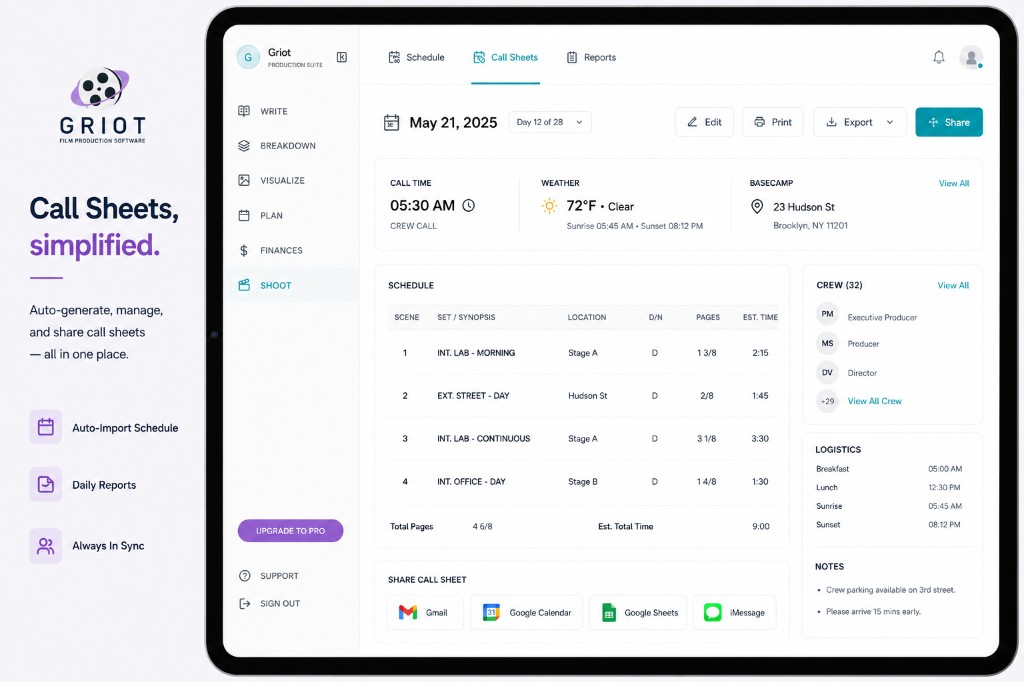 Griot digital call sheet with schedule, logistics, and share controls.