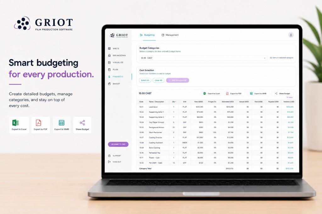 Griot budget dashboard with category totals and export actions.